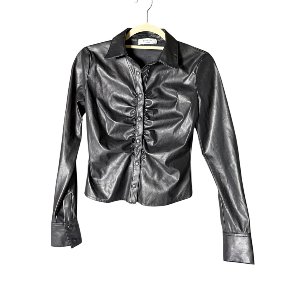 Bailey/44 Black‎ snap Button Women's top ruched faux leather 0